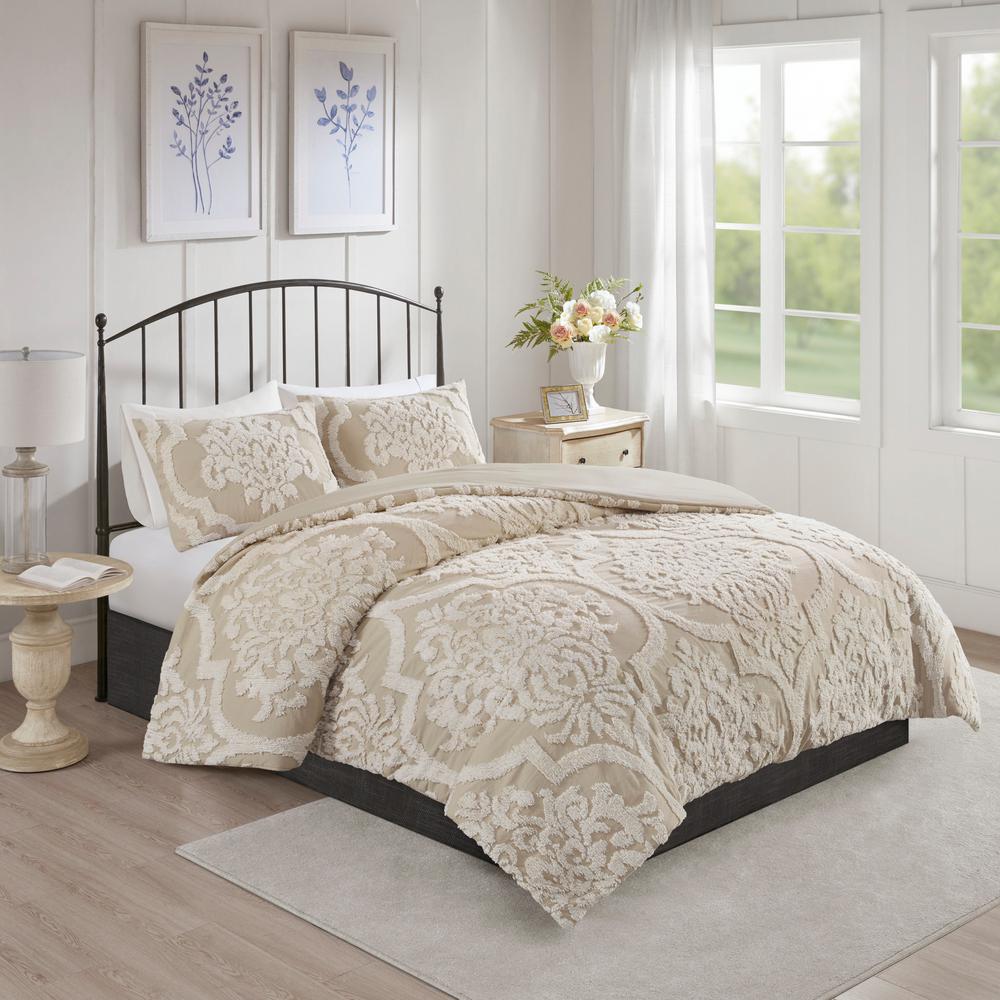 Madison Park Aeriela 3Piece Taupe Full/Queen Tufted Cotton Chenille