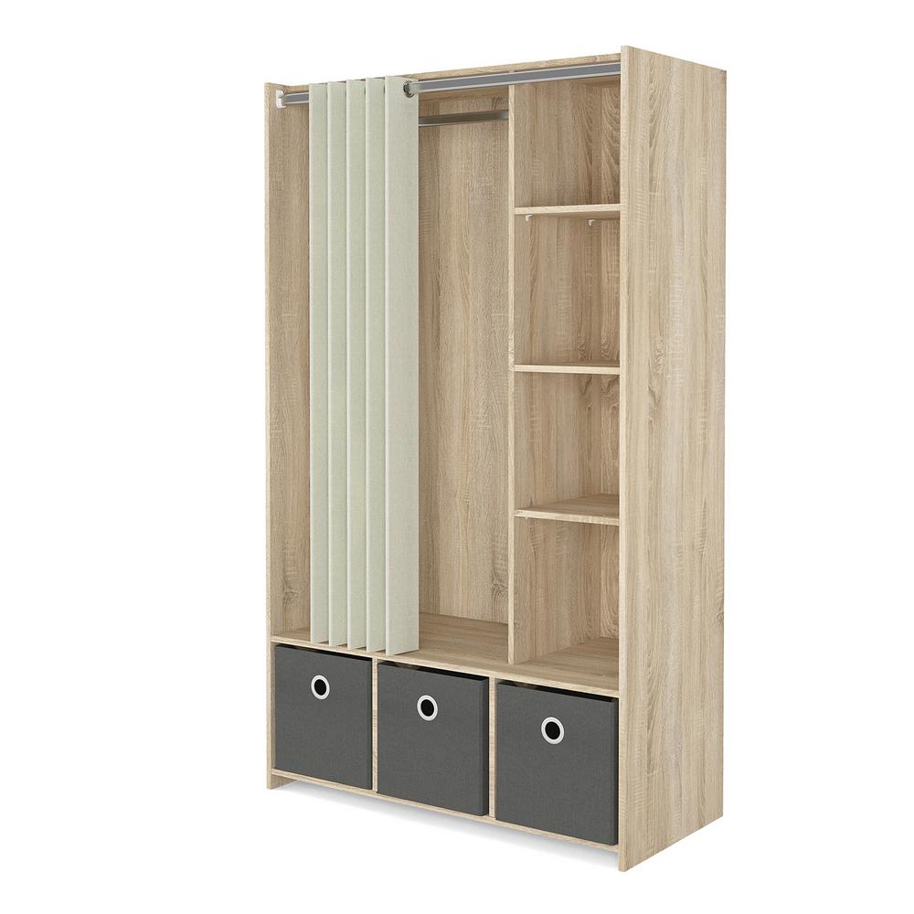 Tvilum Lola Oak Structure Natural Fabric Grey Textile Armoire With 3 Bins And Curtain 71 02 In H X 41 34 In W X 19 00 In D 93120akehct The Home Depot