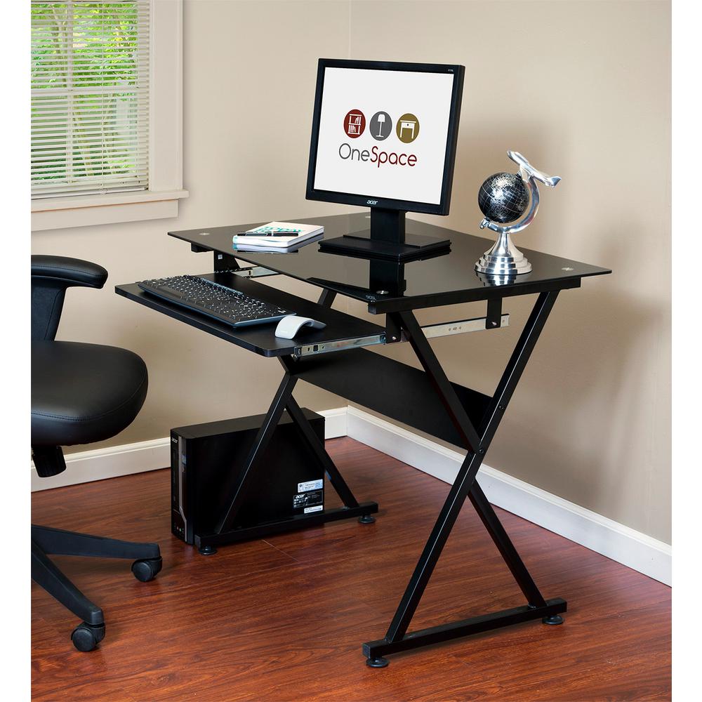 Onespace Ultramodern Black Glass Computer Desk With Pull Out