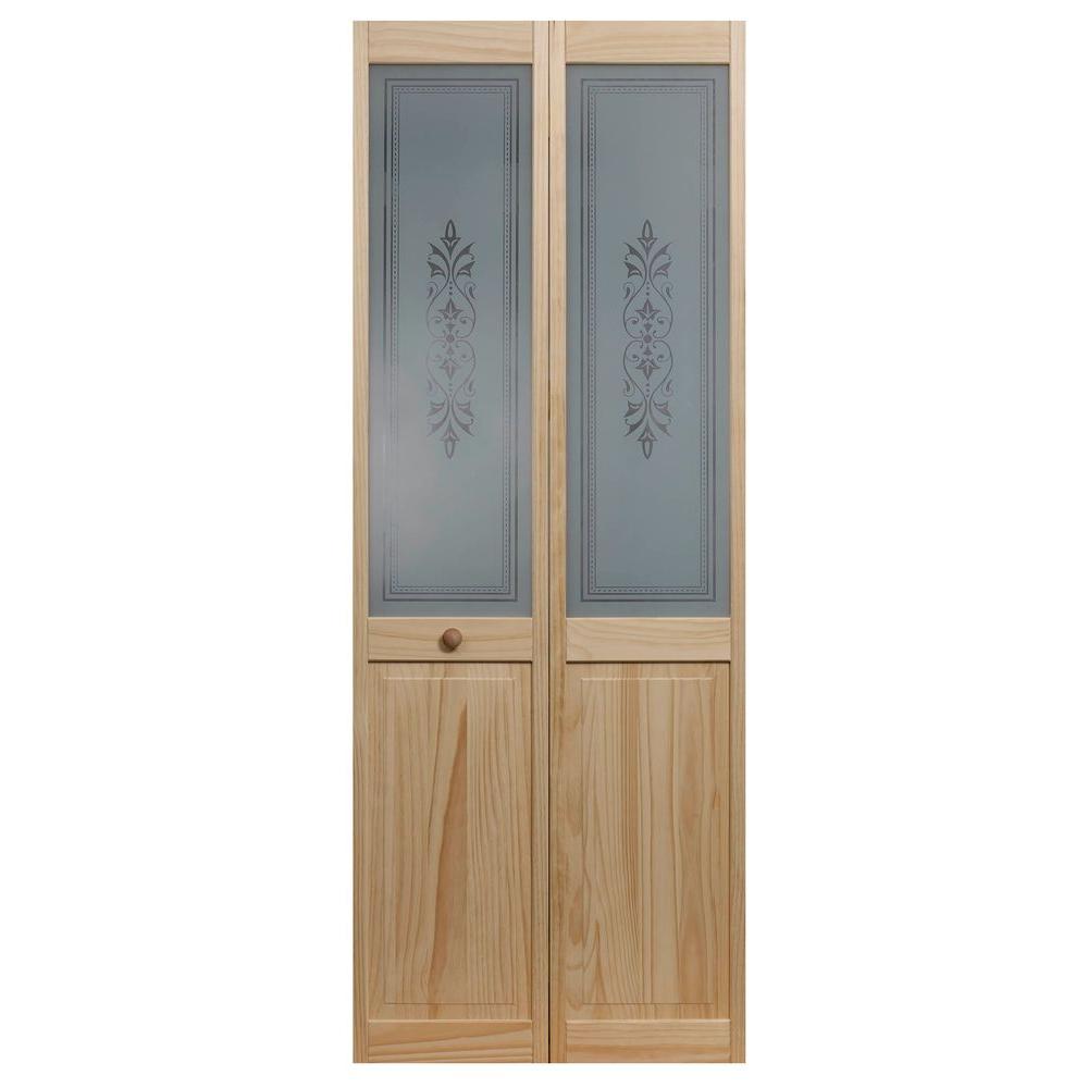 Pinecroft 24 in. x 80 in. Lace Glass Over Raised Panel Pine Interior BiFold Door875820 The
