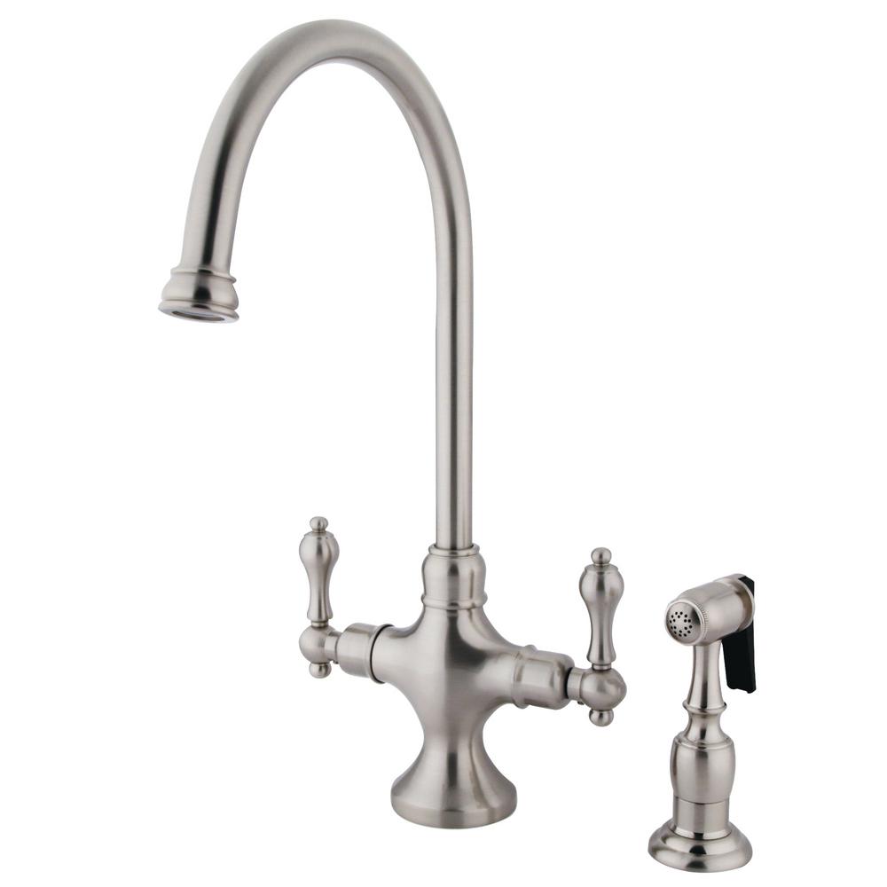 Nickel Standard Spout Faucets Kitchen The Home Depot Vintage 2 Handle Standard Kitchen Faucet In Satin Nickel