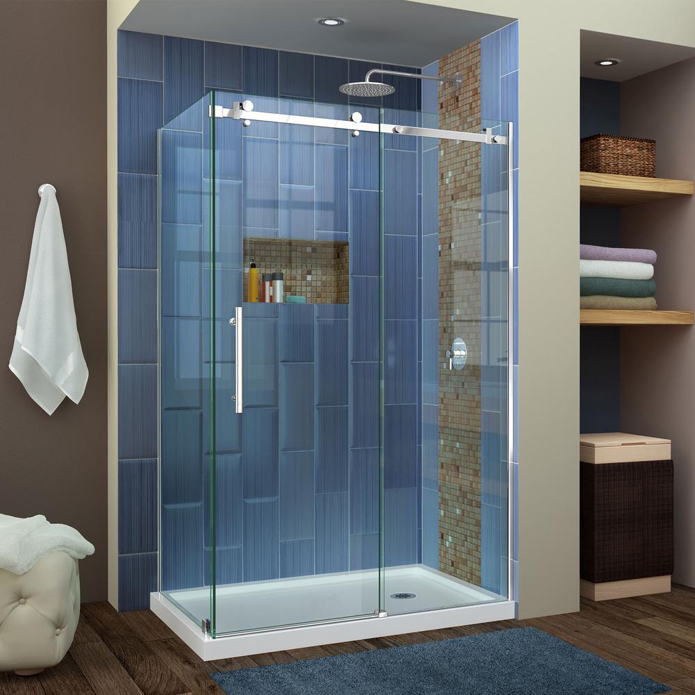 DreamLine Enigma Air 48-3/8 in. x 76 in. Frameless Corner Sliding Shower Door in Polished Stainless Steel DreamLine Enigma Air 48-3/8 in. x 76 in. Frameless Corner Sliding Shower Door in Polished Stainless Steel