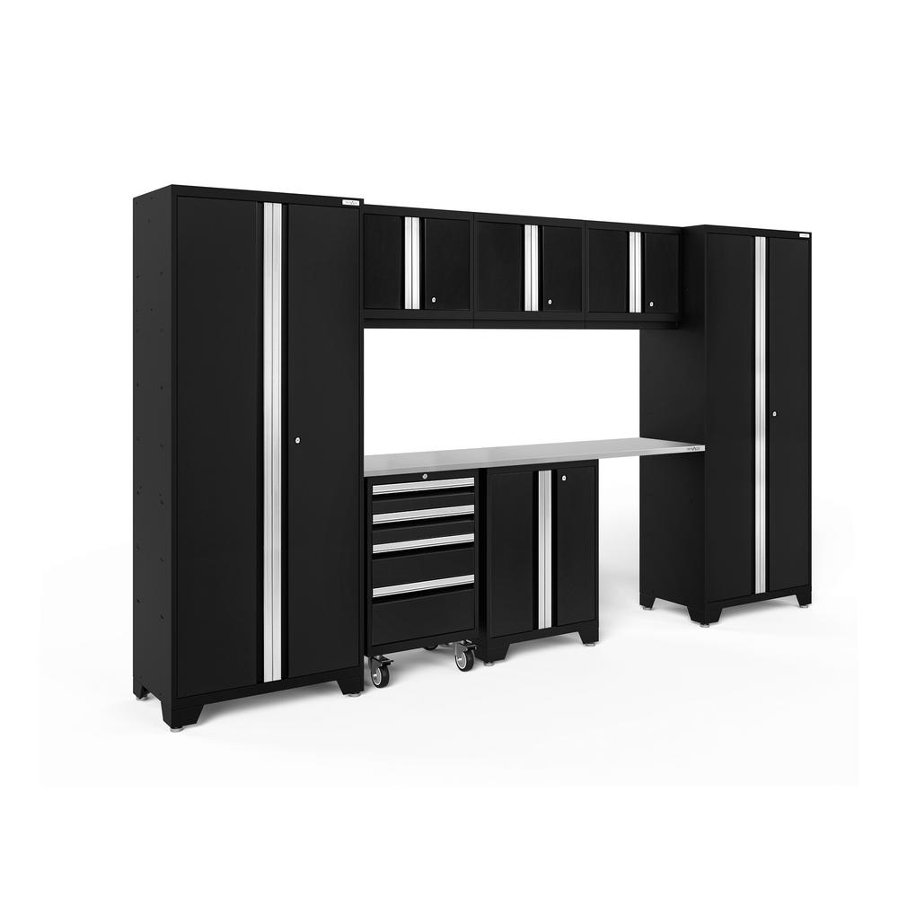 NewAge Products Bold Series 132 in. W x 76.75 in. H x 18 in. D 24-Gauge Steel Garage Cabinet Set in Black (8-Piece)