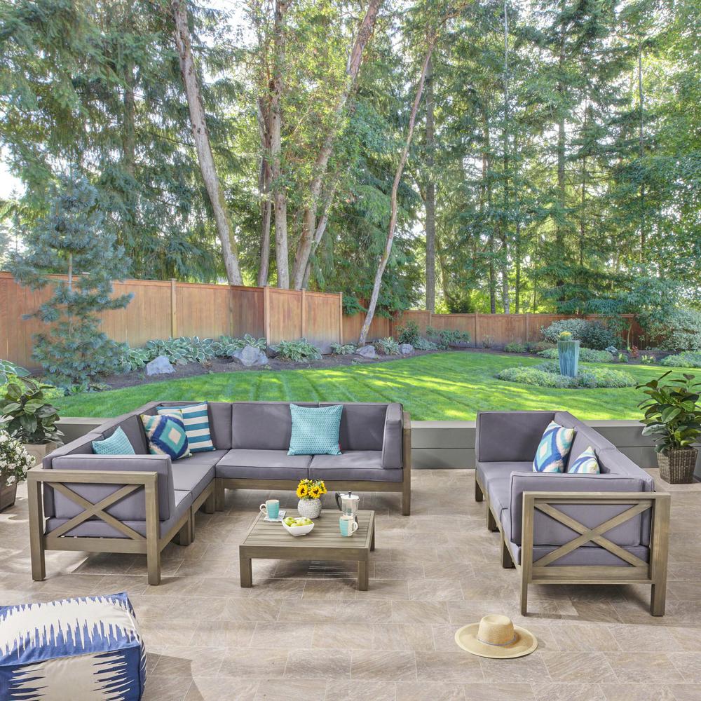 Wood Outdoor Sectionals Lounge Furniture The Home Depot Hadlee Gray 9 Piece Wood Outdoor Sectional Sofa Set With Dark Cushions