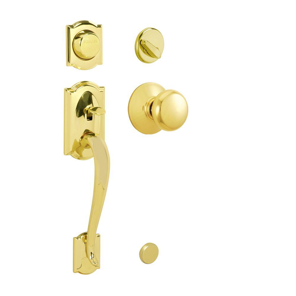 Schlage Camelot InActive Bright Brass Handleset with Plymouth KnobF93
