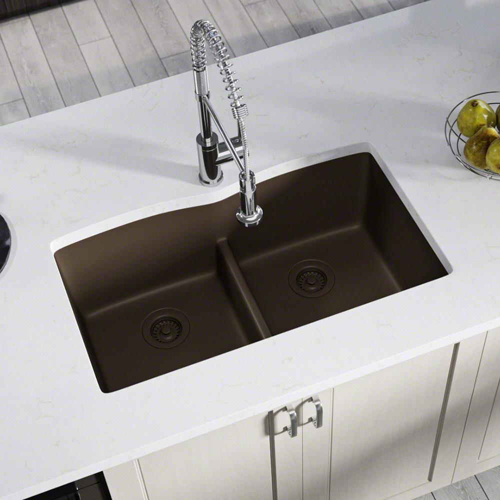 Mr Direct All In One Undermount Kitchen Sink Composite Granite 33 In Low Divide Equal Double Basin In Mocha