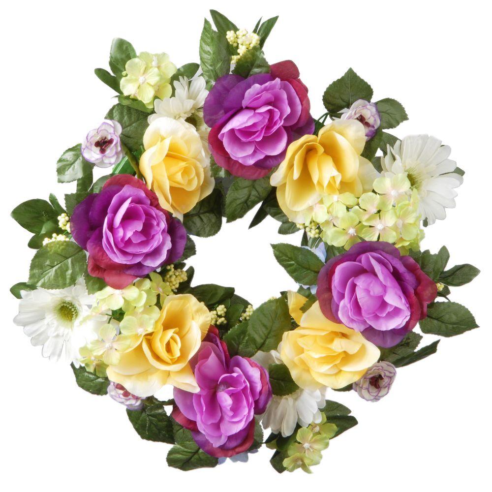 National Tree Company 18 In Decorated Wreath With Daisies Roses And Hydrangeas Ras 44199 1 The Home Depot