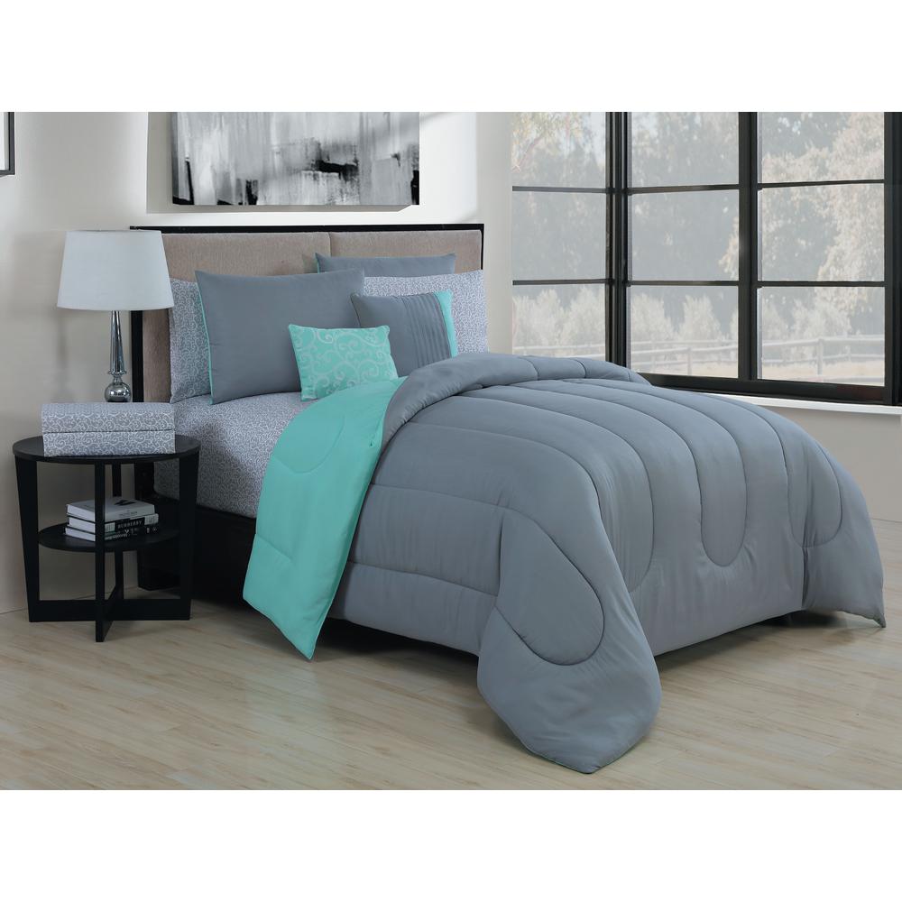 Geneva Home Fashion 9 Piece Solid Grey Mint Queen Bed In A Bag Set