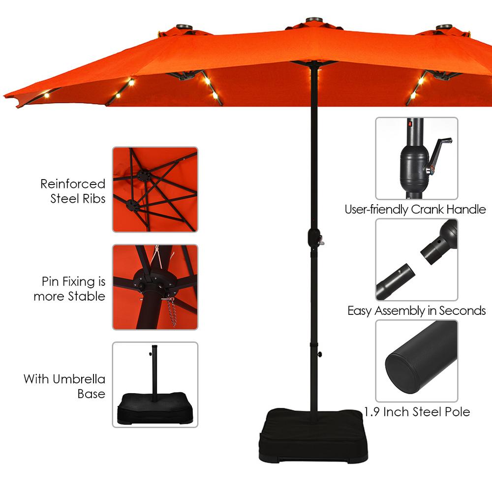 Costway 15 Ft Market Double Sided Solar Crank 36 Lights Base Led Patio Umbrella In Orange Op70085or The Home Depot