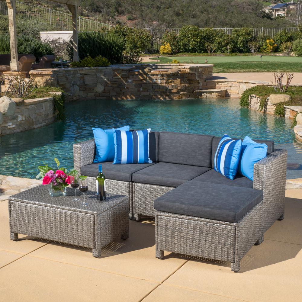 Noble House Puerta Gray 5 Piece Wicker Outdoor Sectional With Black Cushions 7703 The Home Depot