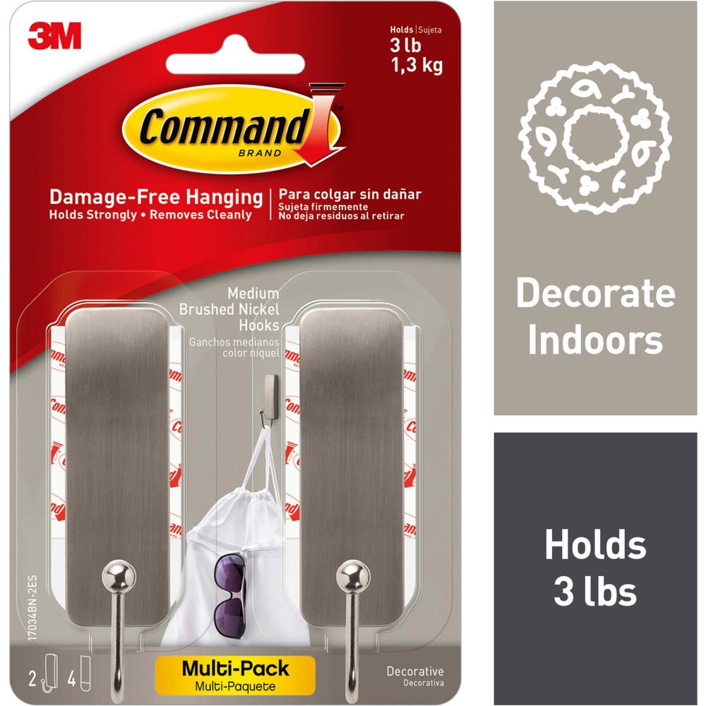 Command Medium Brushed Nickel Hooks (2Hooks and 4Adhesive Strips