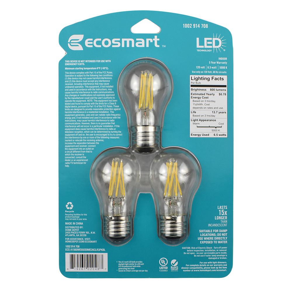 Ecosmart 60 Watt Equivalent A15 Dimmable Clear Gl Decorative Filament Vintage Edison Led Light Bulb Daylight 48 Pack Ecosmart 60 Watt Equivalent A15 Dimmable Clear Gl Decorative Filament Vintage Edison Led Light Bulb Daylight 48 Pack