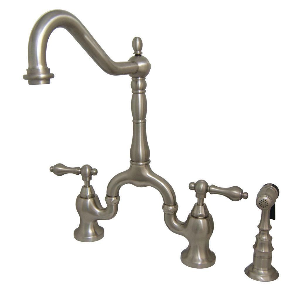 Kingston Brass Victorian 2 Handle Bridge Kitchen Faucet With Side Sprayer In Brushed Nickel