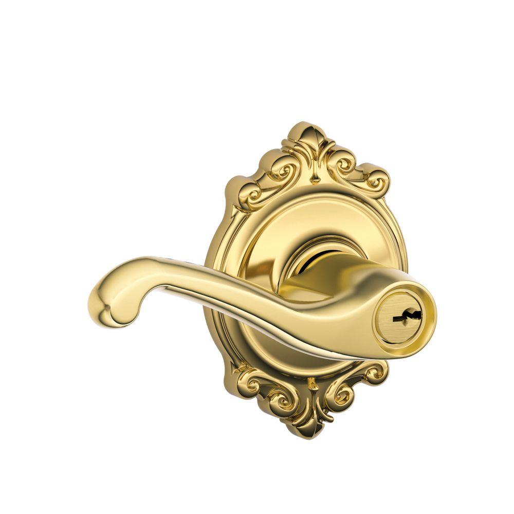 Schlage Flair Bright Brass Keyed Entry Door Lever with Brookshire TrimF51A FLA 605 BRK The