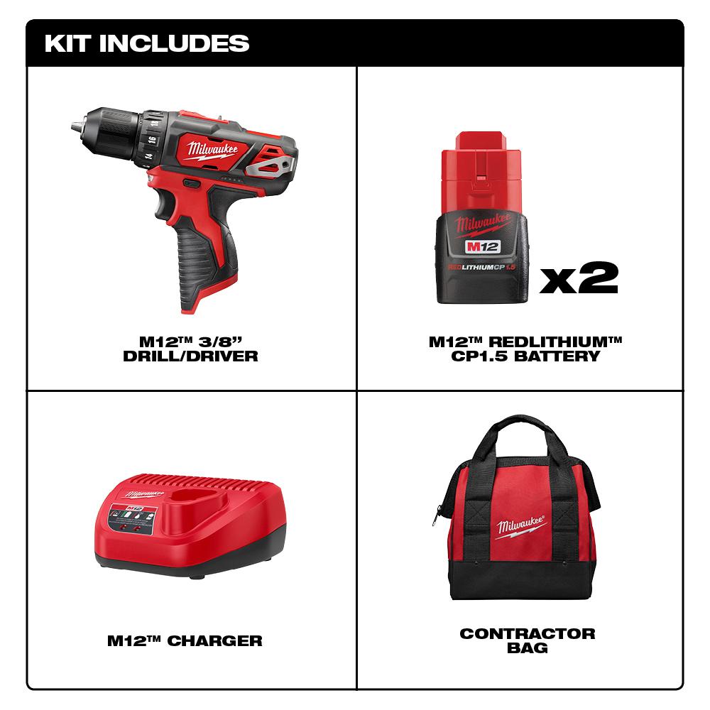 Drill/Driver Kit New Milwaukee 2407-22 M12 12V Cordless Lithium-Ion 3/8 in