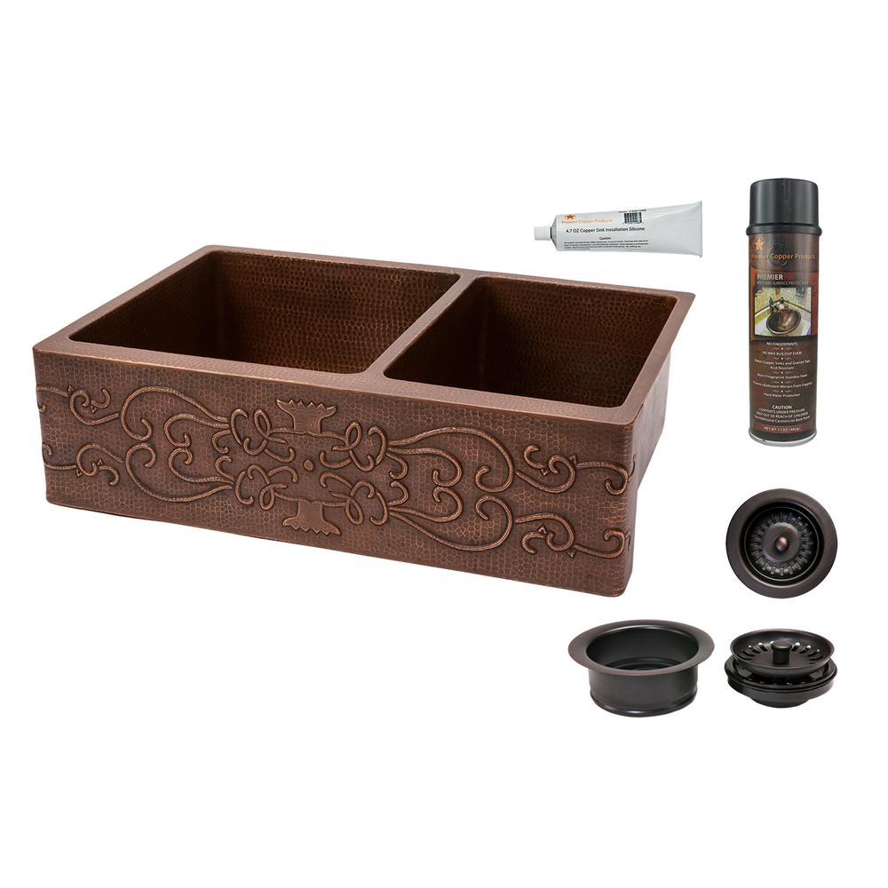 Premier Copper Products Dual Mount Copper 33 in. 0Hole 60/40 Double