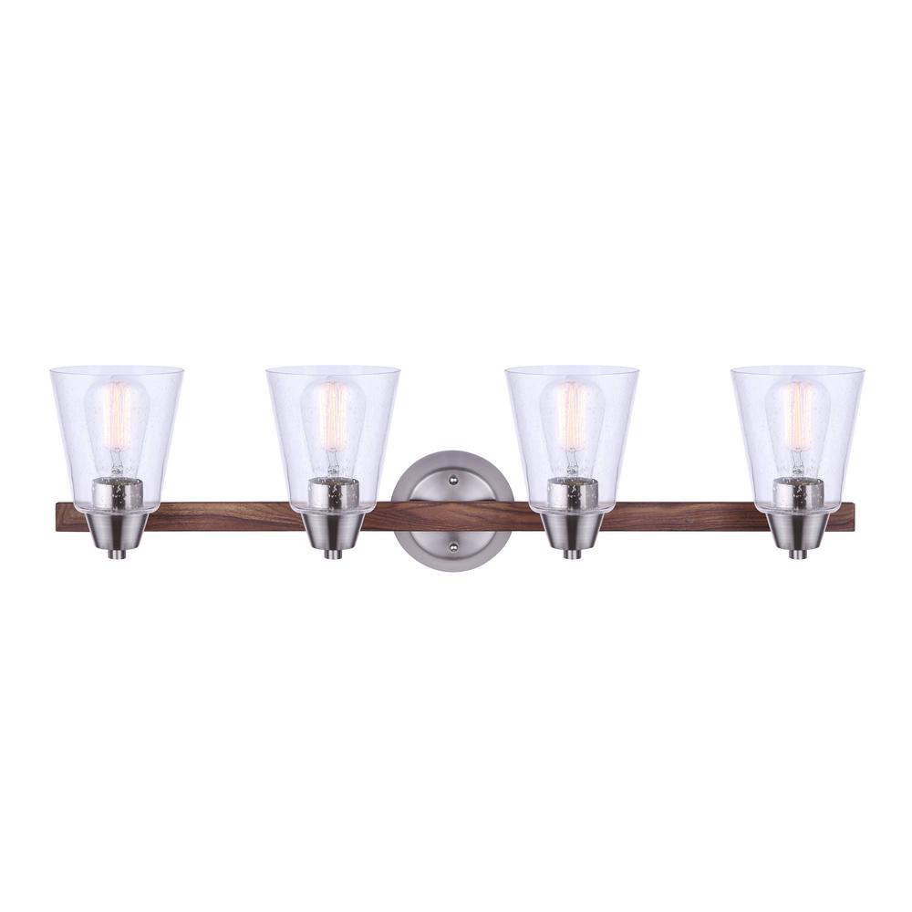 Canarm Dex 32 In 4 Light Brushed Nickel And Faux Wood Vanity Light With Seeded Glass Shades Ivl742a04bnw The Home Depot