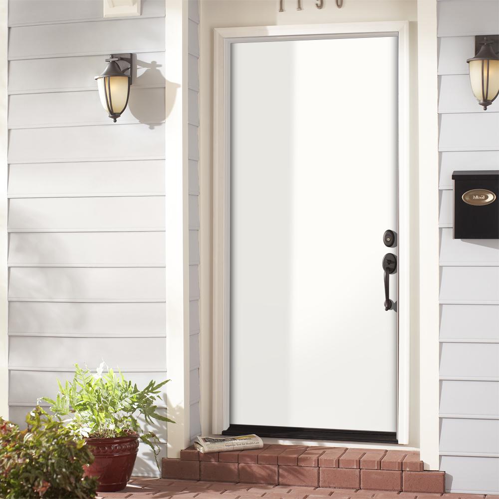 Masonite 36 In X 80 In Flush Right Hand Inswing Primed Steel Prehung Front Exterior Door No Brickmold In Vinyl Frame 46569 The Home Depot Masonite 36 In X 80 In Flush Right Hand Inswing Primed Steel Prehung Front Exterior Door No Brickmold In Vinyl Frame 46569 The Home Depot