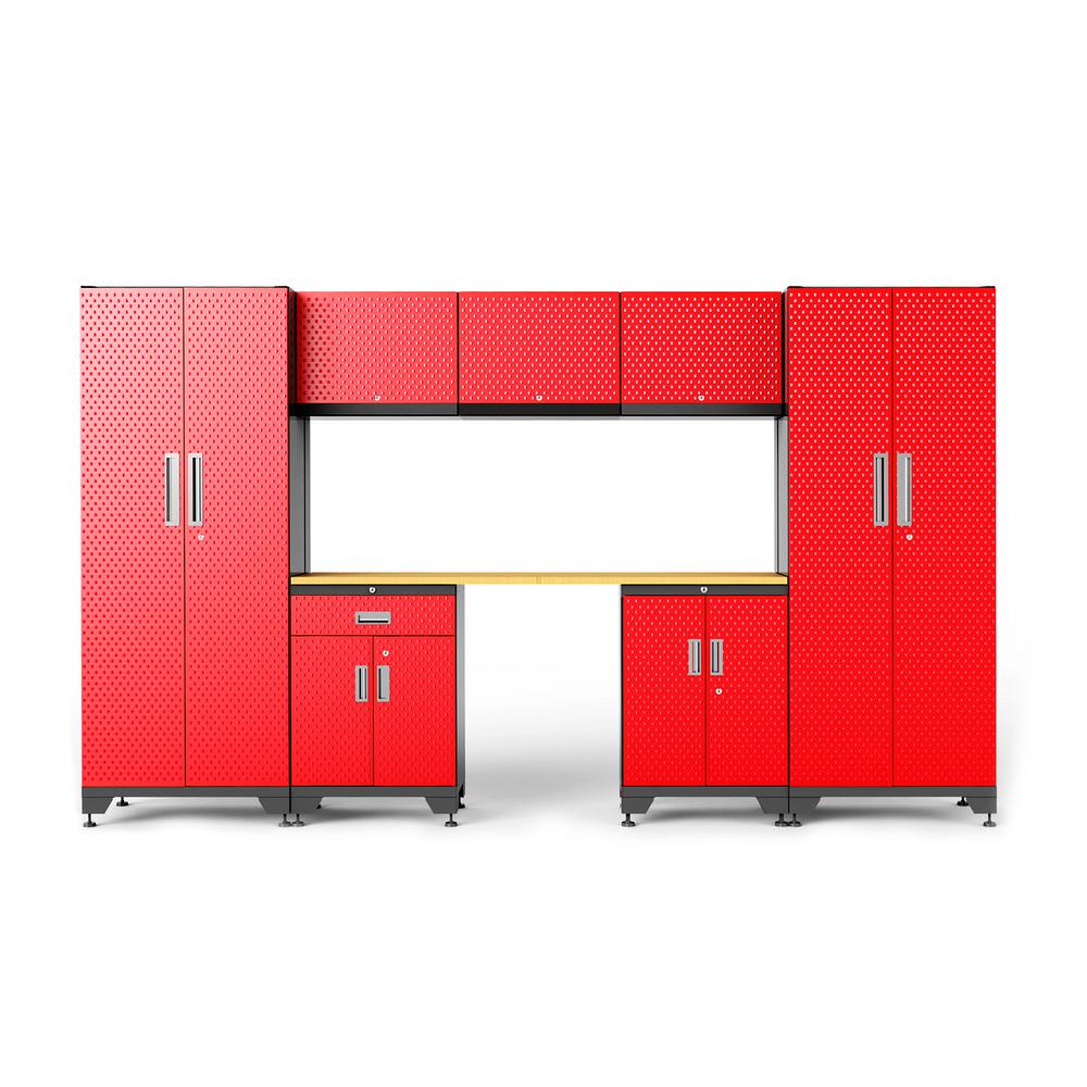 Frontier 72 In H X 132 In W X 18 In D 22 Gauge Steel Garage Storage Cabinet Set With Wooden Top In Red 8 Piece Gc1000r The Home Depot
