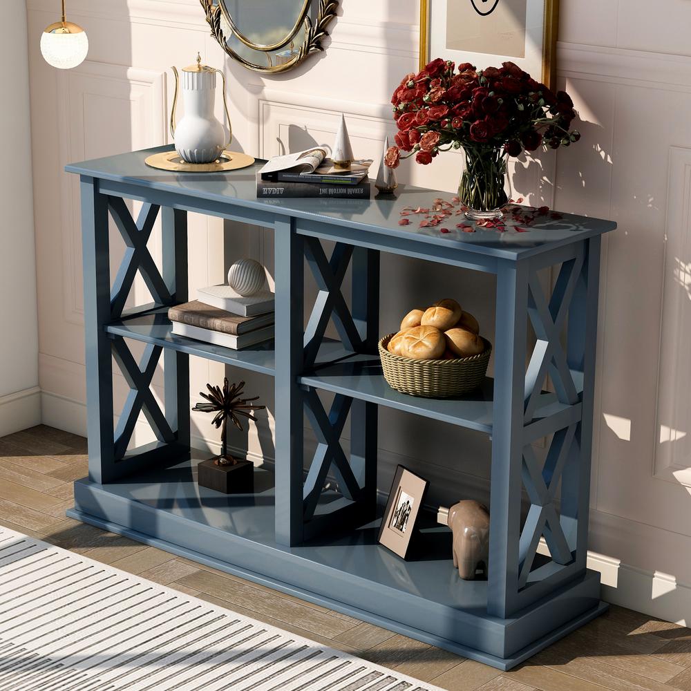 Qualfurn 46.5 in. Rectangle Navy Blue Wood Console Table with 3Tier