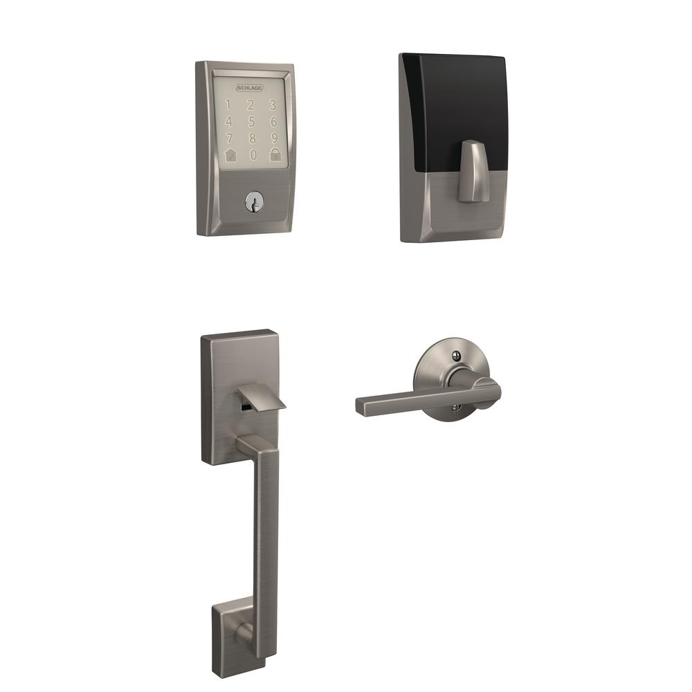 Schlage Century Encode Smart Wifi Door Lock With Alarm And Latitude Lever Handleset In Satin Nickel