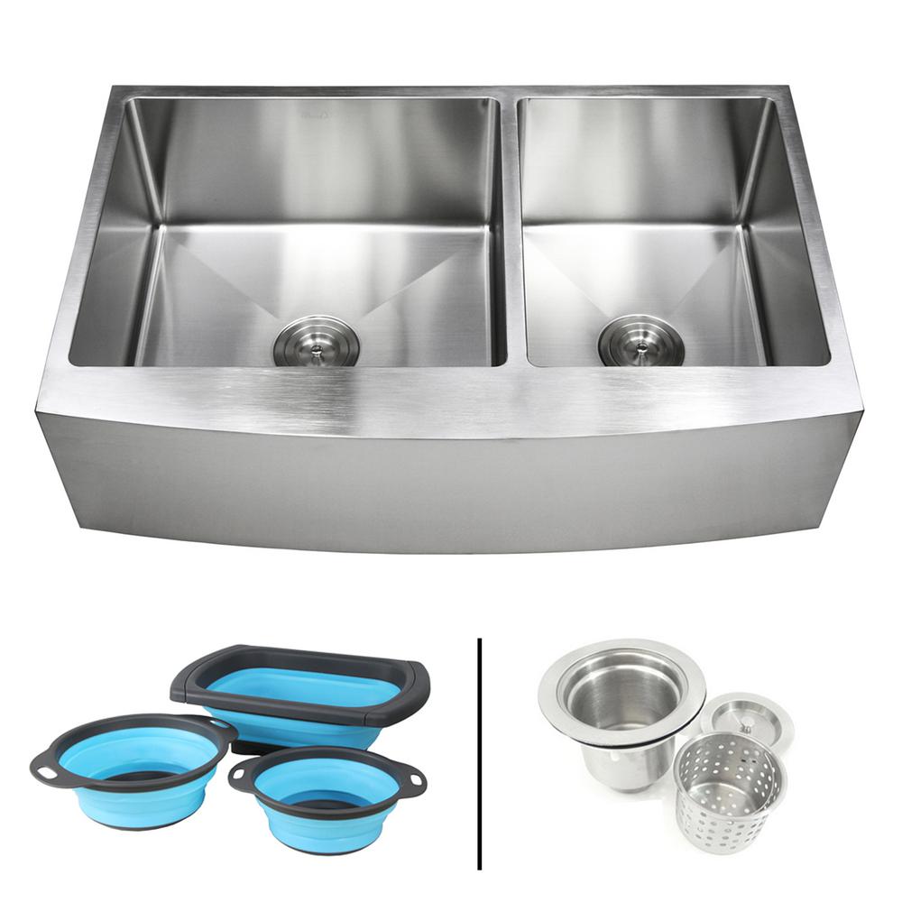 Emoderndecor Farmhouse Apron 16 Gauge Stainless Steel 36 In Curve Front 60 40 Offset Double Bowl Kitchen Sink W Silicone Colanders