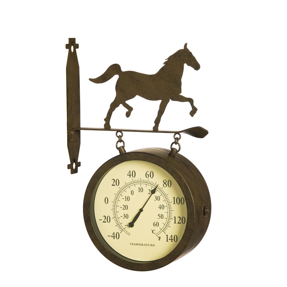 Evergreen 2 Sided Outdoor Wall Clock And Thermometer With Horse