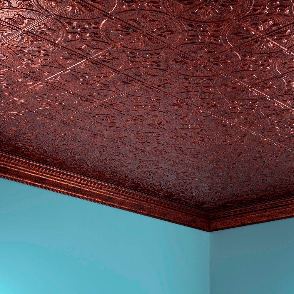 Fasade Traditional Style 2 2 Ft X 4 Ft Vinyl Glue Up Ceiling Tile In Moonstone Copper