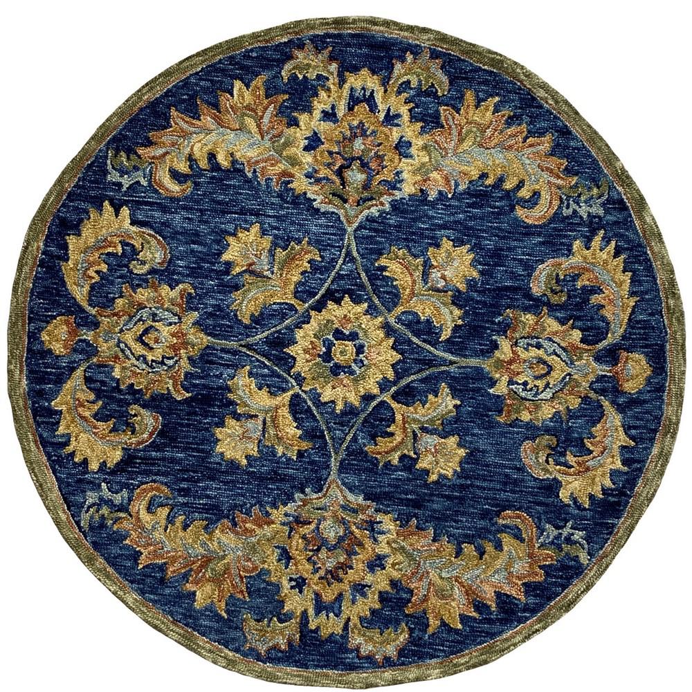 LR Home Zeno Royal Blue/Gold 4 ft. 10 in. Round Jacobean Floral Wool