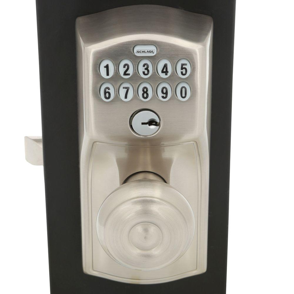 Schlage Camelot Satin Nickel Electronic Door Lock With Georgian Door Knob Featuring Flex Lock Fe595 Cam 619 Geo The Home Depot