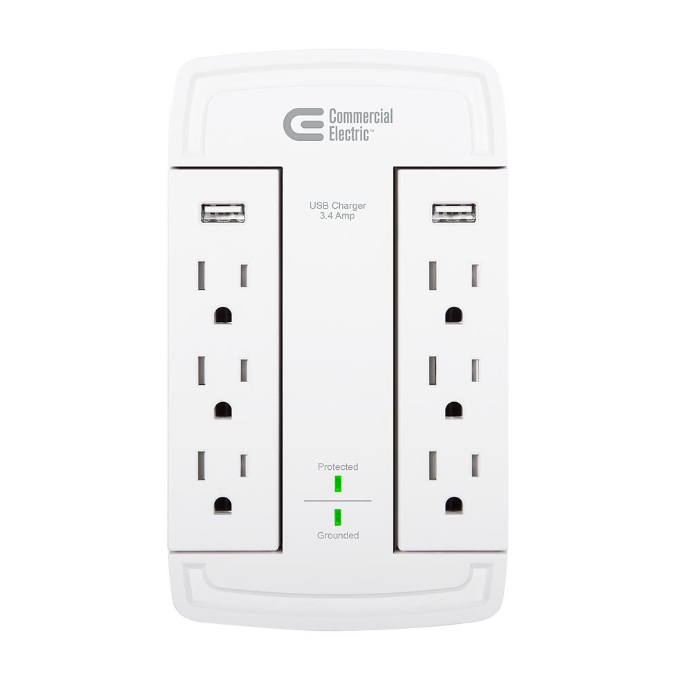 Commercial Electric 6Outlet Wall Mounted Swivel Surge Protector with
