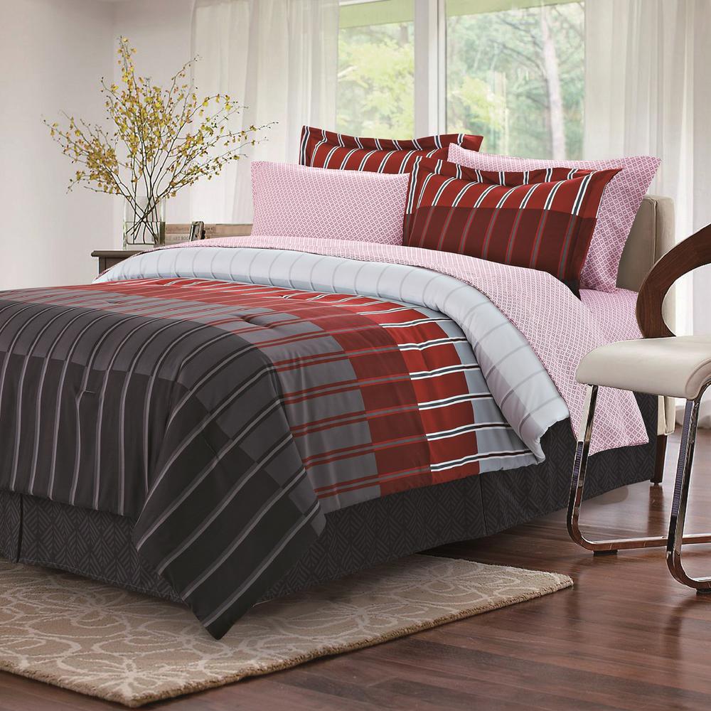 Brown & Grey Ombre Stripe Red 8-Piece Queen Bed-in-Bag Set ...