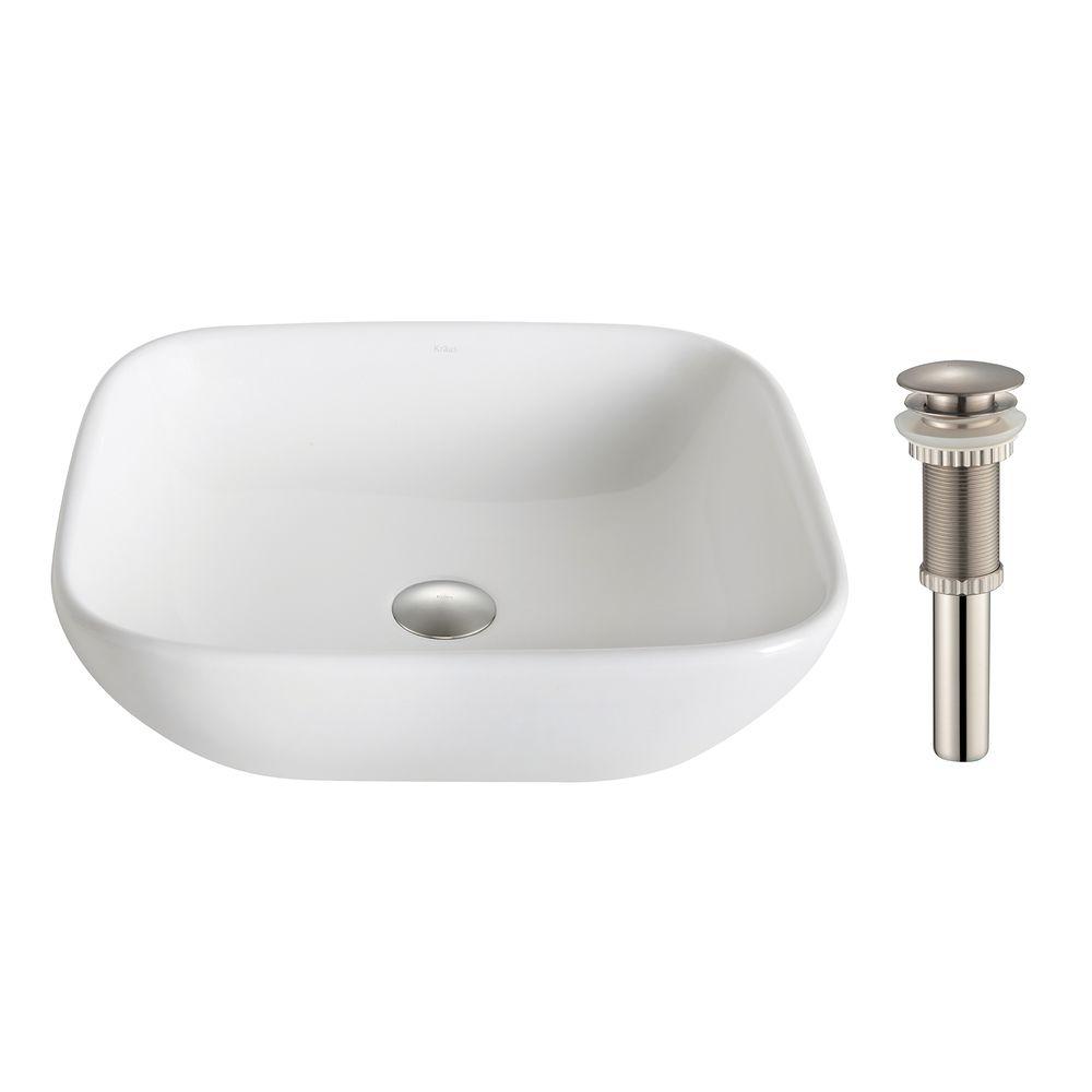 KRAUS Elavo Soft Square Ceramic Vessel Bathroom Sink in White with Pop
