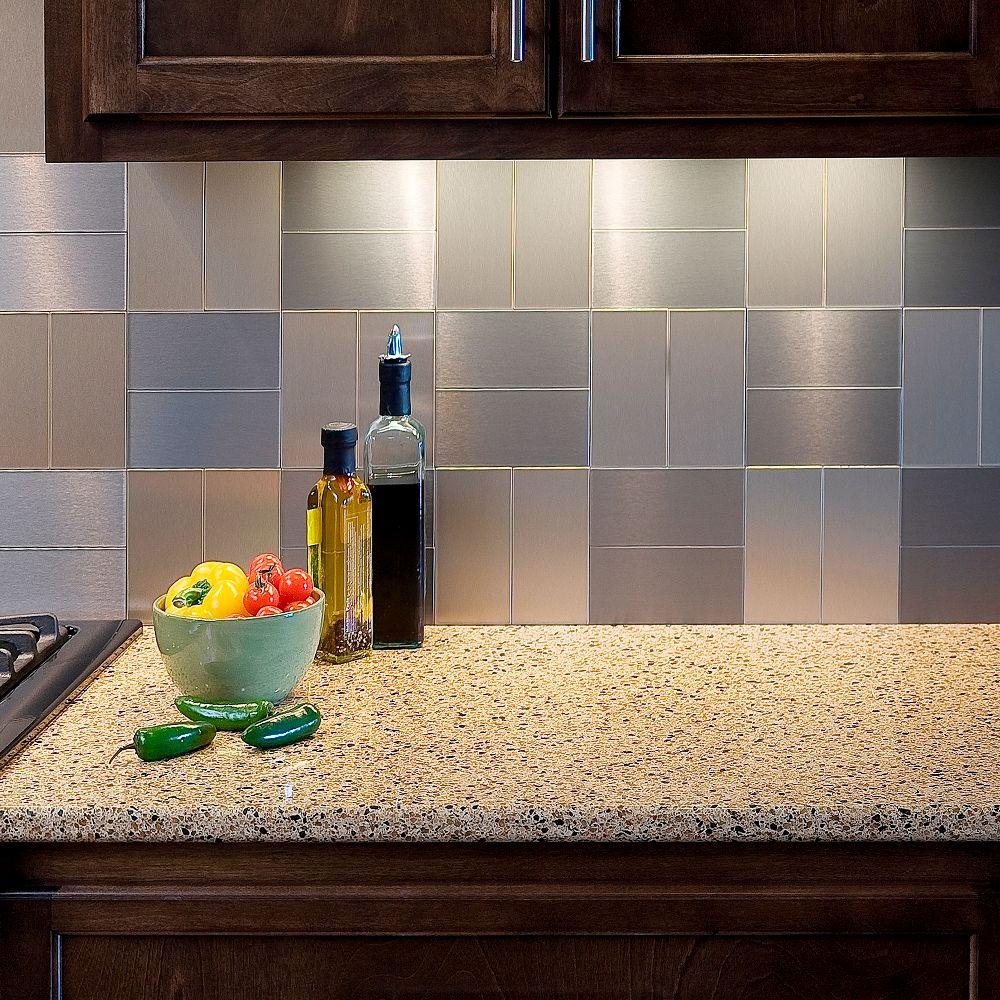 Aspect Short Grain 6 In X 3 Brushed Stainless Metal Decorative Aspect Short Grain 6 In X 3 Brushed Stainless Metal Decorative Tile Backsplash 8 Pack A53 50 The Home Depot