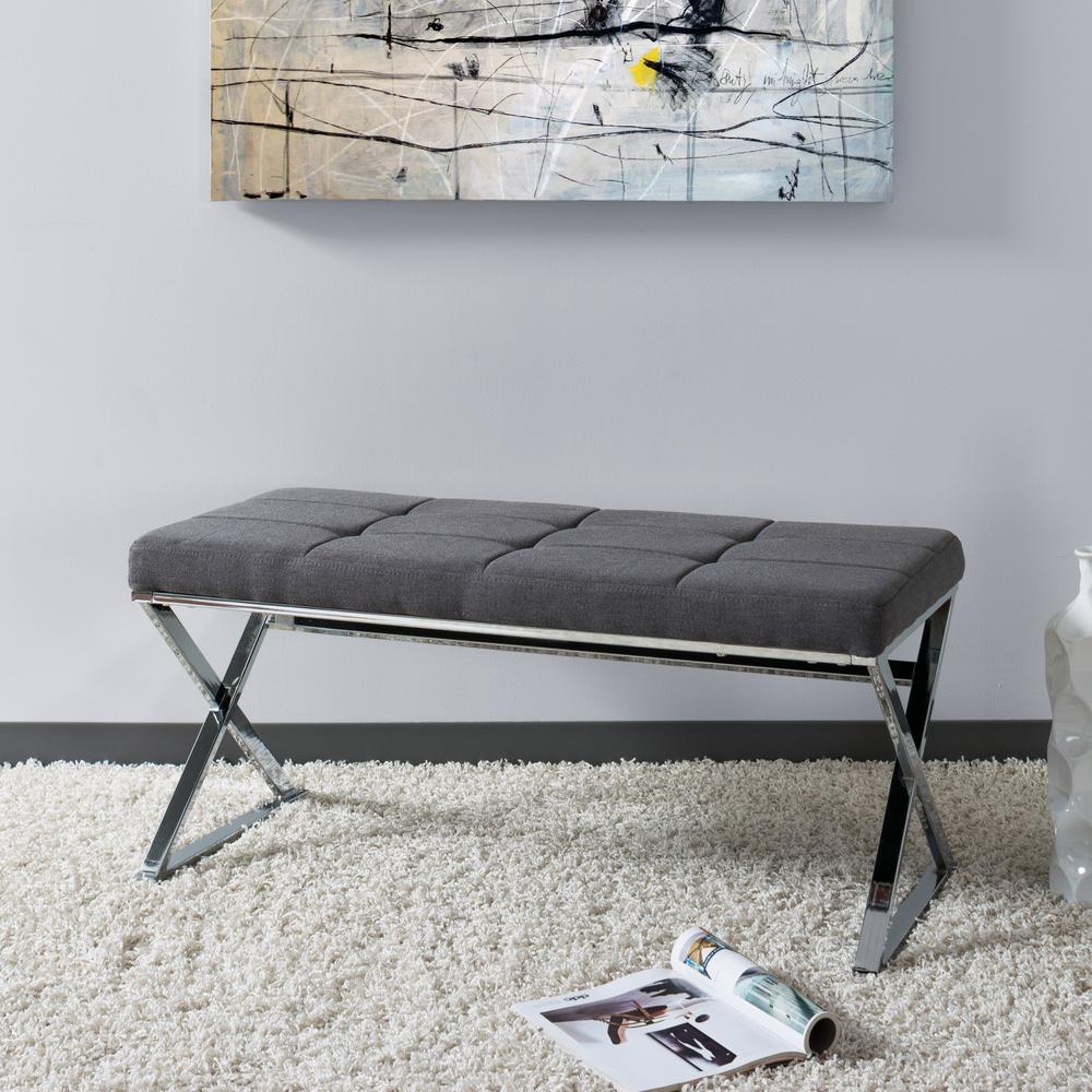 Corliving Huntington Modern Grey Fabric Bench With X Shape Chrome Corliving Huntington Modern Grey Fabric Bench With X Shape Chrome Base