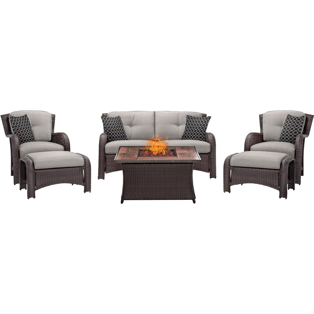 Hanover Strathmere 6 Piece Woven Wicker Patio Seating Set With Wood Hanover Strathmere 6 Piece Woven Wicker Patio Seating Set With Wood Grain Top Fire