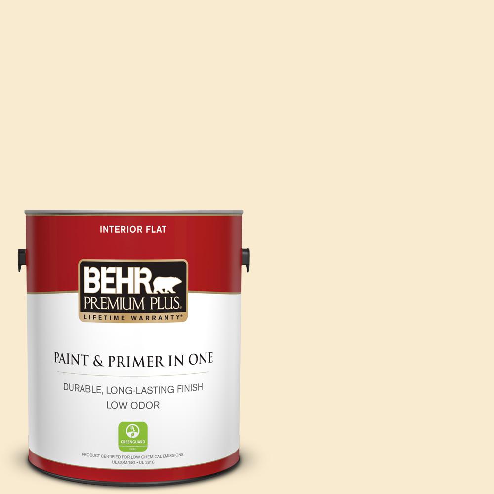 Behr Premium Plus 1 Gal Or W04 Nice Cream Flat Low Odor Interior Paint And Primer In One 105001 The Home Depot