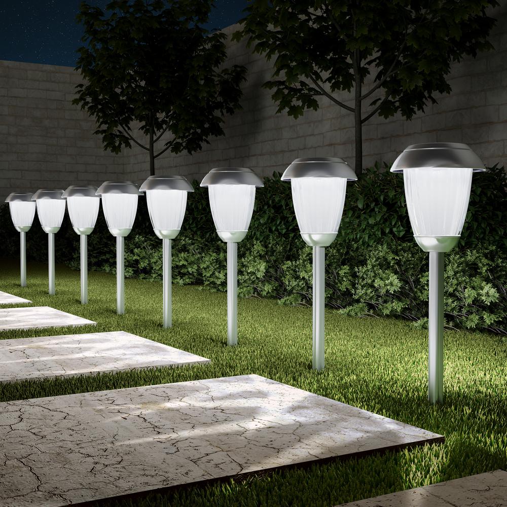 Pure Garden 16 In Tall Metal Outdoor Integrated Led Landscape Stainless Steel Solar Path Light Set Of 8