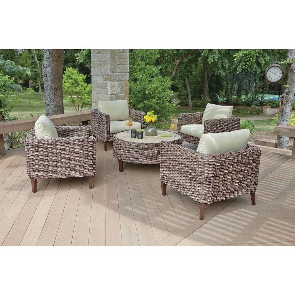 Woodard Worldwide Patio Furniture Outdoors The Home Depot Willow Springs 5 Piece Woven Patio Chat Set With Cushions