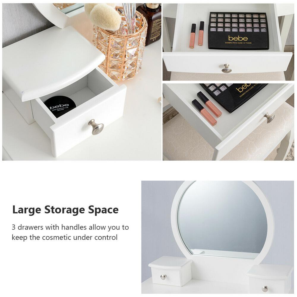 Costway 3 Drawer White Vanity Set With Oval Mirror Girls Makeup