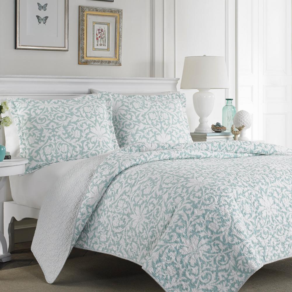 Laura Ashley Mia 3 Piece Soft Blue Full Queen Quilt Set 207059