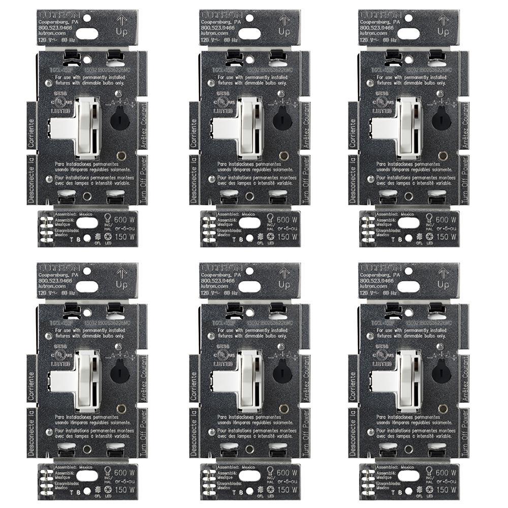 Lutron Toggler Led Dimmer Switch For Dimmable Led Halogen And Incandescent Bulbs Single Pole Or 3 Way White Tgcl 2pk Wh The Home Depot