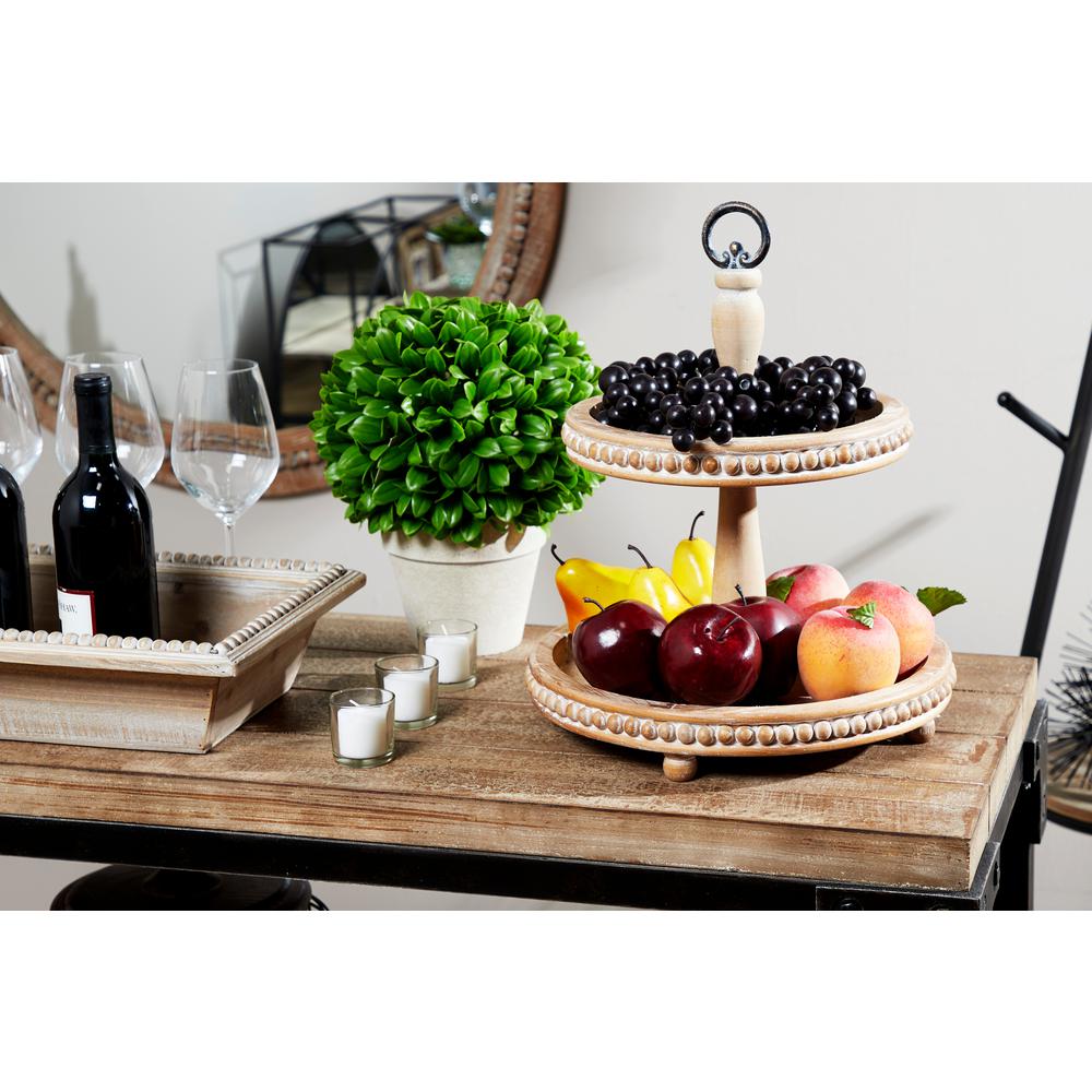 Litton Lane Tall Natural Beige Wood 2 Tier Round Serving Tray Stand 18997 The Home Depot