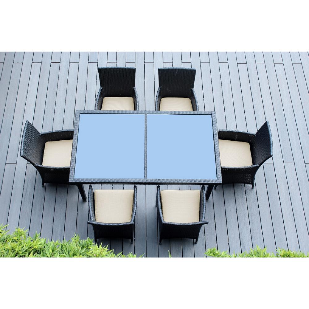 Ohana Depot Ohana Black 7Piece Wicker Patio Outdoor Dining Set with Sunbrella Antique Beige