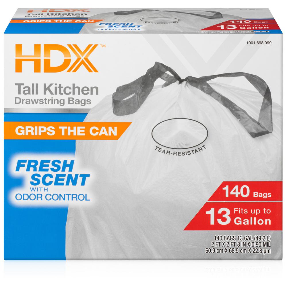 Hdx 13 Gallon Scented Flex Drawstring Kitchen Trash Bags 140 Count Hdx13gwhit140 The Home Depot 