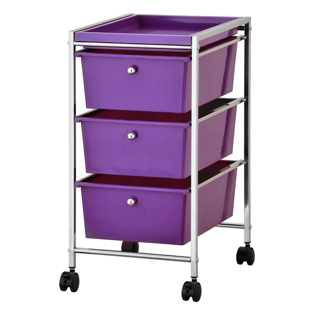 Furinno Wayar 3Shelf Chrome 4Wheeled 4Drawer Storage Cart in Purple