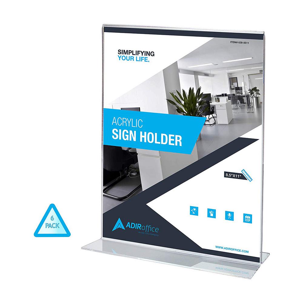 AdirOffice Clear Acrylic 8.5 x 11 T-Shaped Sign Holder (6-Pack)