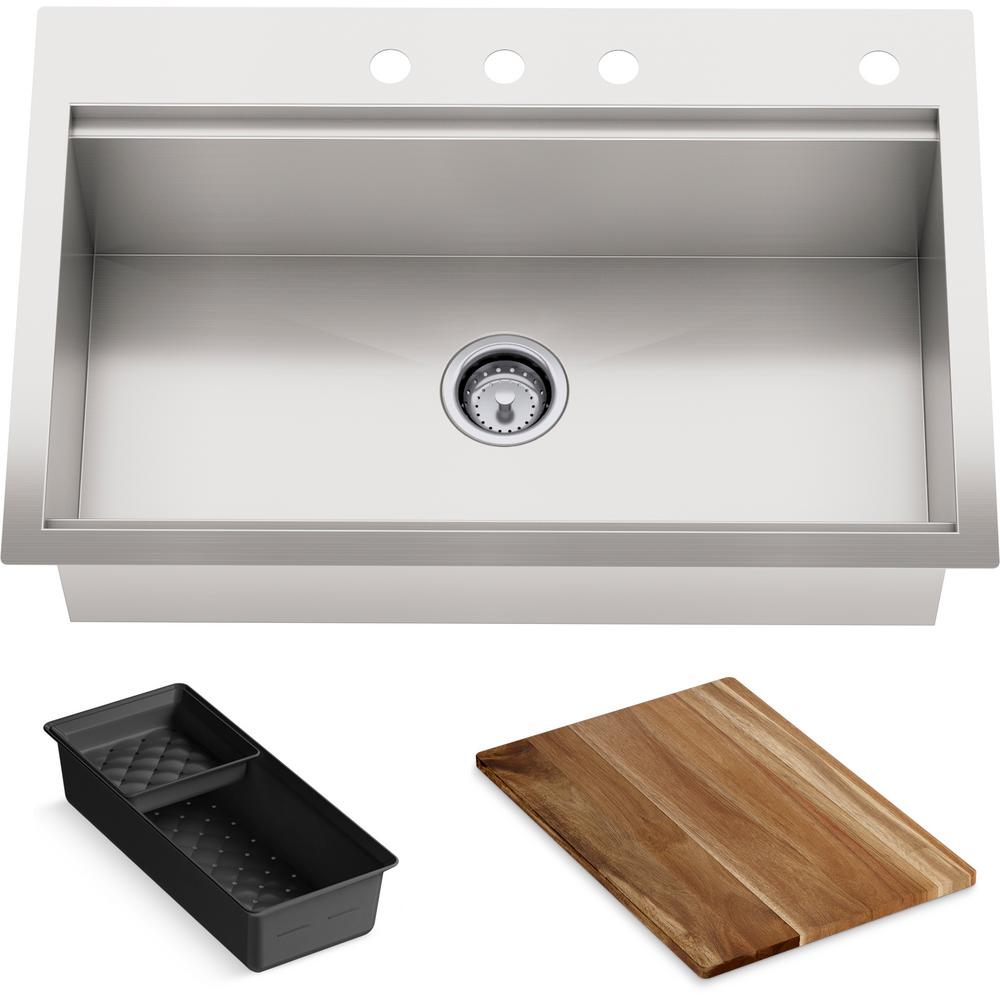 Kohler Dual Mount Workstation Stainless Steel 27 In 4 Hole Single Bowl Kitchen Sink With Integrated Ledge And Accessories K Rh23375 4pc Na The Home Depot