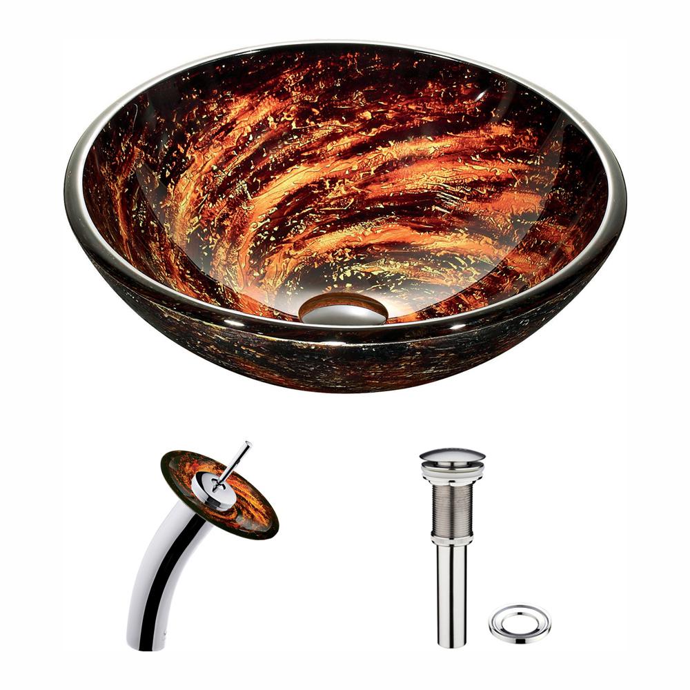 VIGO Northern Lights Vessel Sink in Browns with Waterfall Faucet in