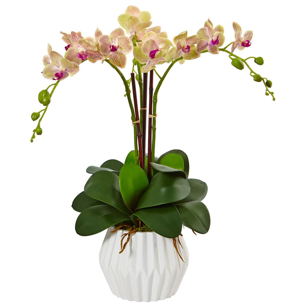 Nearly Natural Indoor Phalaenopsis Orchid Silk Arrangement In White Vase 1489 The Home Depot